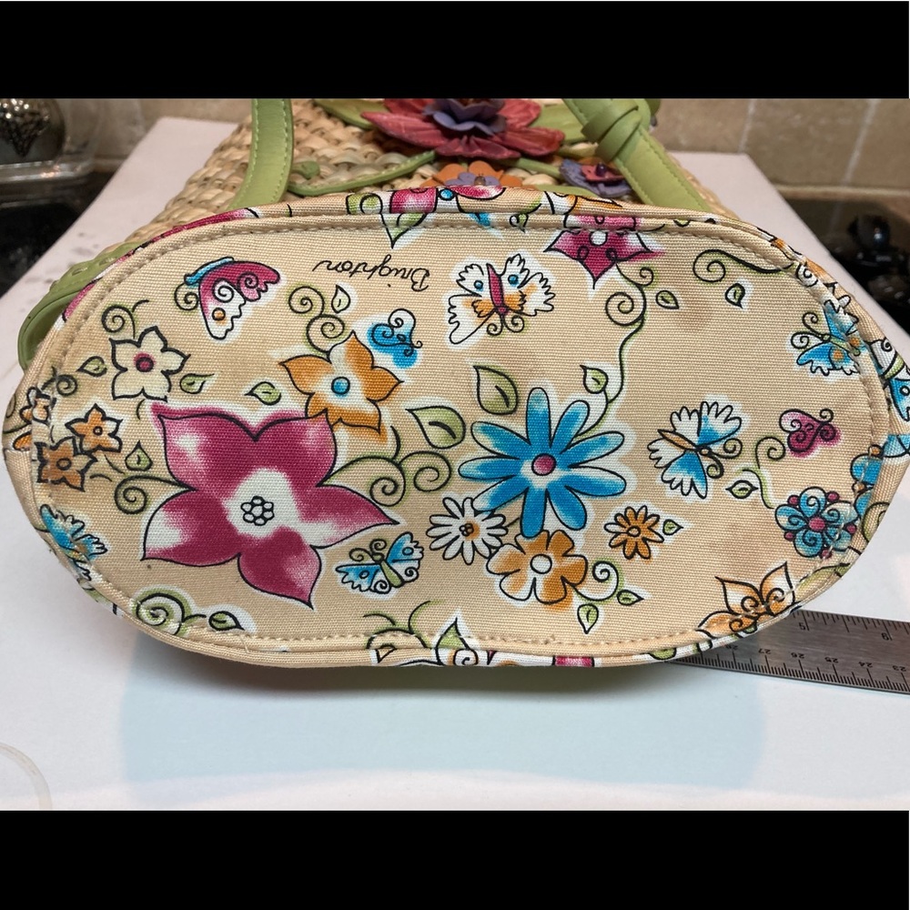 Brighton Straw Purse w/Green Leather Trim + Multi-Color Textured Leather Flowers - Picture 12 of 14